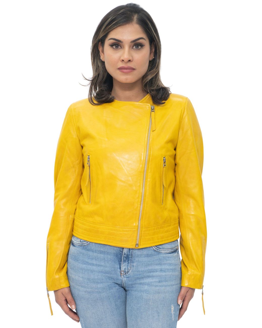 Infinity Leather Yellow Collarless Biker Jacket-Padova