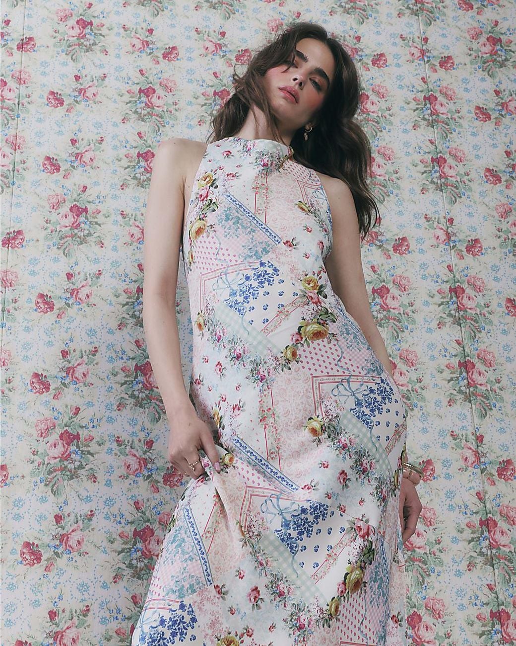 River Island Gray Slip Maxi Dress Halter Neck Floral