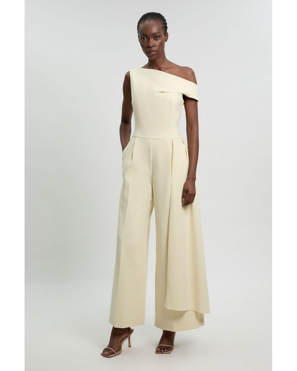 Karen Millen Natural Compact Stretch Asymmetric Neck Wide Leg Jumpsuit
