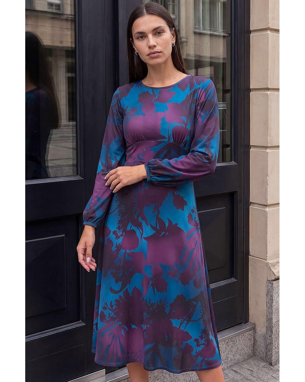 Roman Blue Floral Fit And Flare Dress
