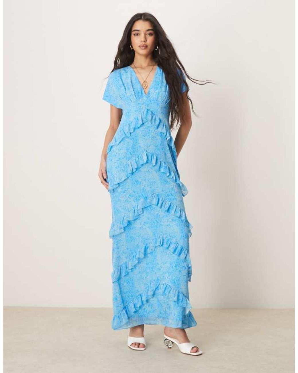 Pretty Lavish Blue Chiffon Ruffle Maxi Dress