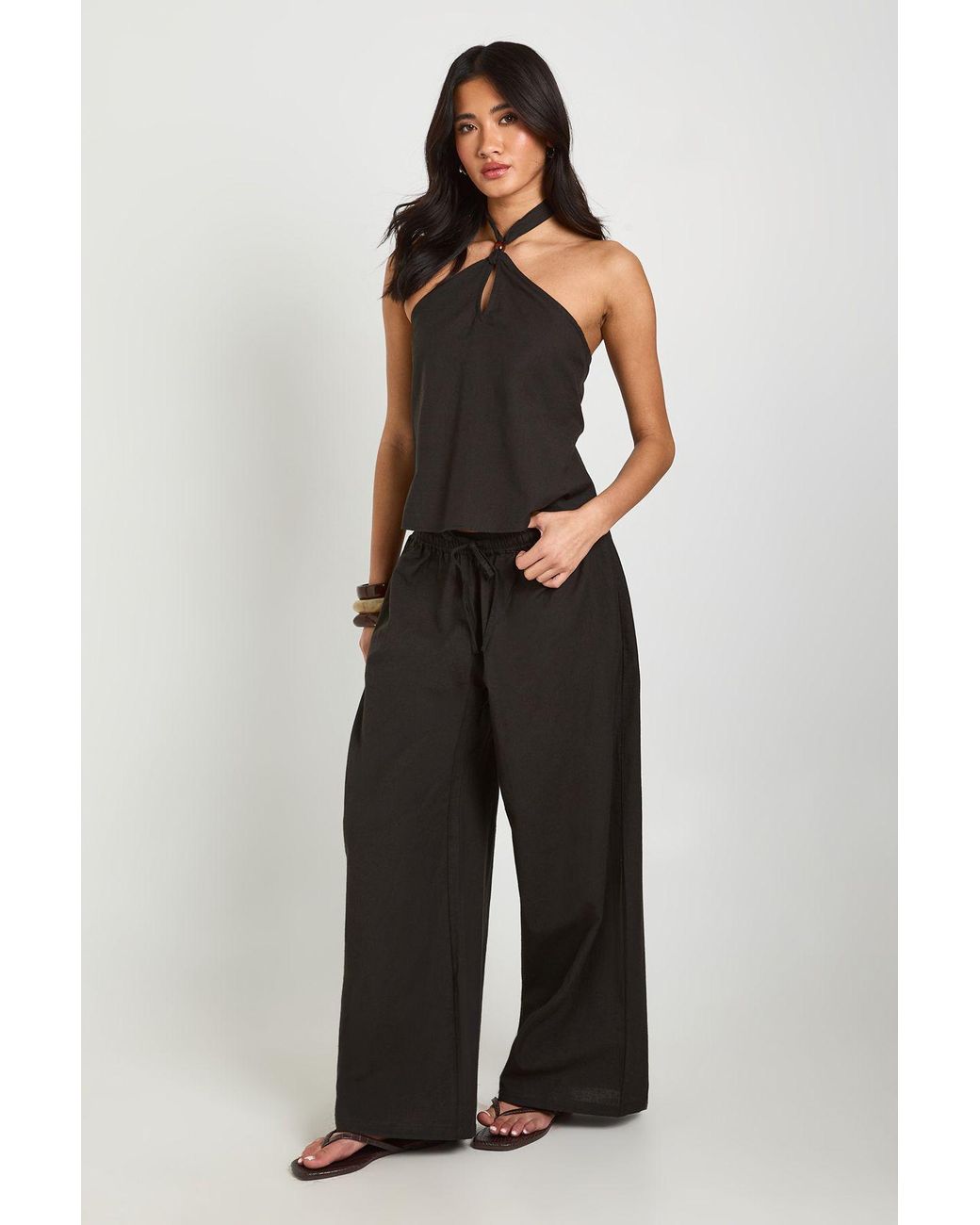 Boohoo Black Linen Look Beaded Halter Neck Top & Slouchy Trouser Co-Ord