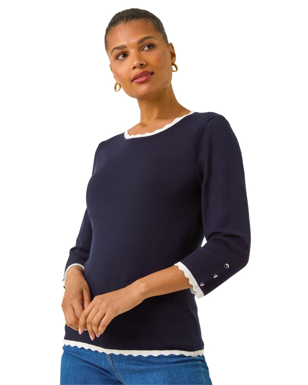 Roman Blue Scallop Neck Button Knit Jumper