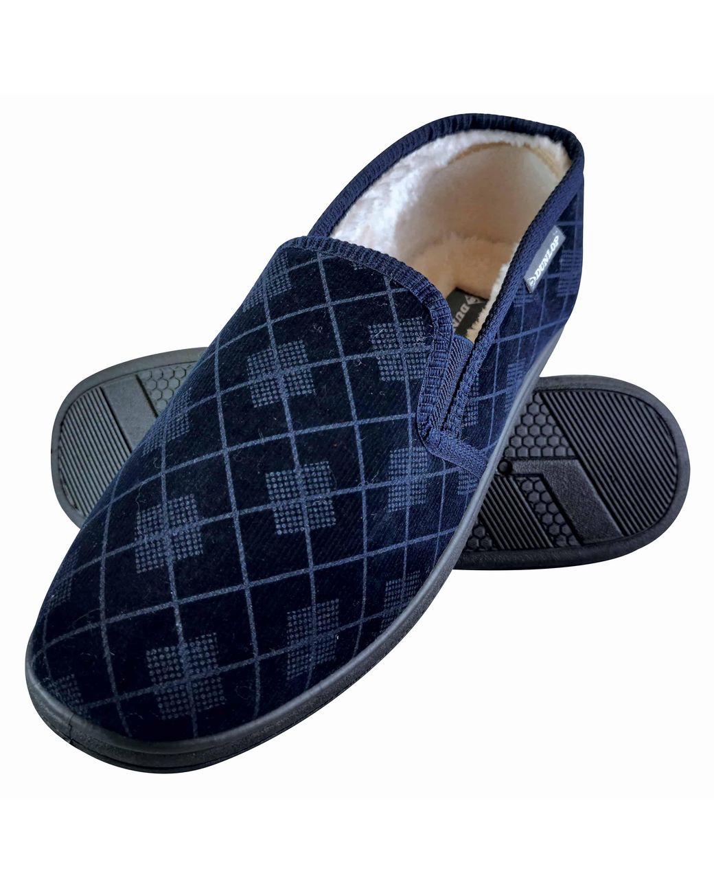 Dunlop Blue Plush Fur Lined Memory Foam Plaid Checked Moccasin Slippers With Hard Sole for men