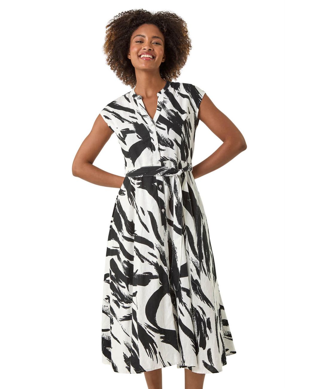 Roman White Brushstroke Linen Mix Midi Dress
