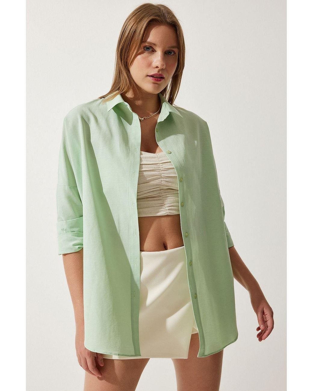 Happiness İstanbul Green Oversized Poplin Button-Up Shirt With Long Sleeves