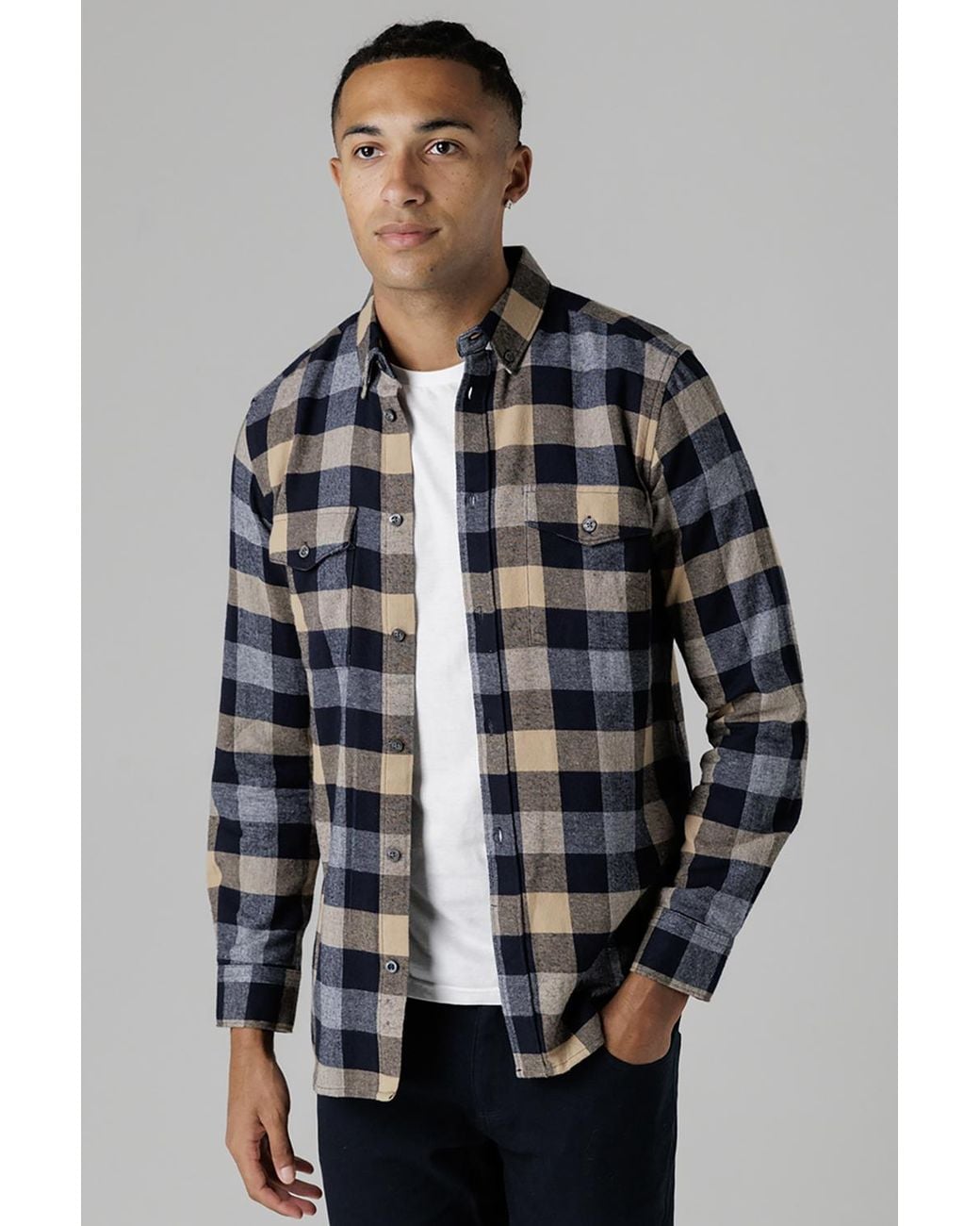 French Connection Gray Cotton Large Gingham Flannel Long Sleeve Shirt for men