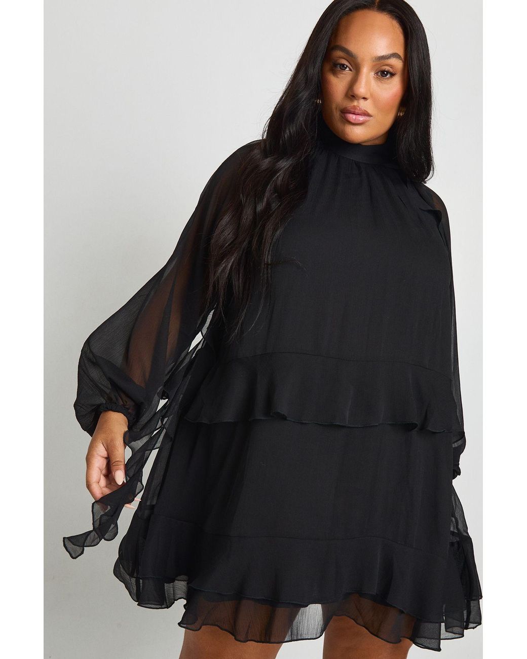 Boohoo Black Plus Chiffon Ruffle Smock Dress
