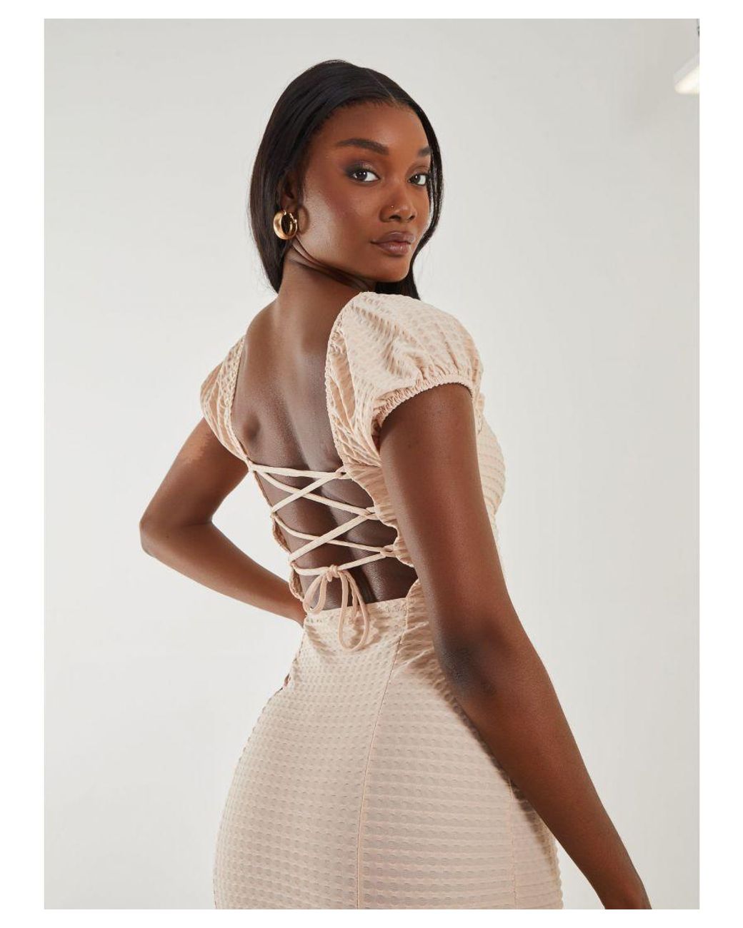 Pink Vanilla White Textured Puff Sleeve Mini Dress