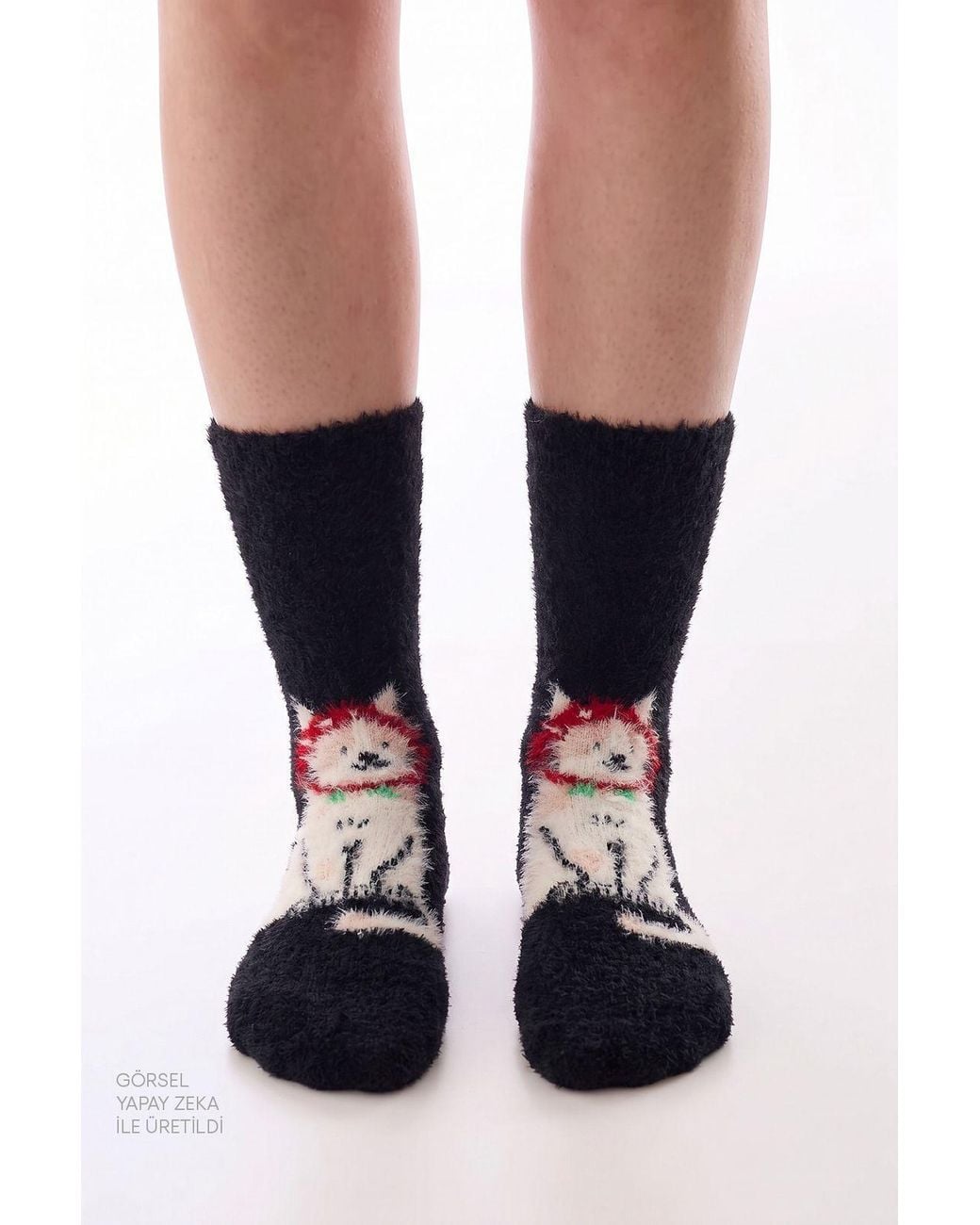 Penti Black Happy Cat Cat Pattern Crew Socks