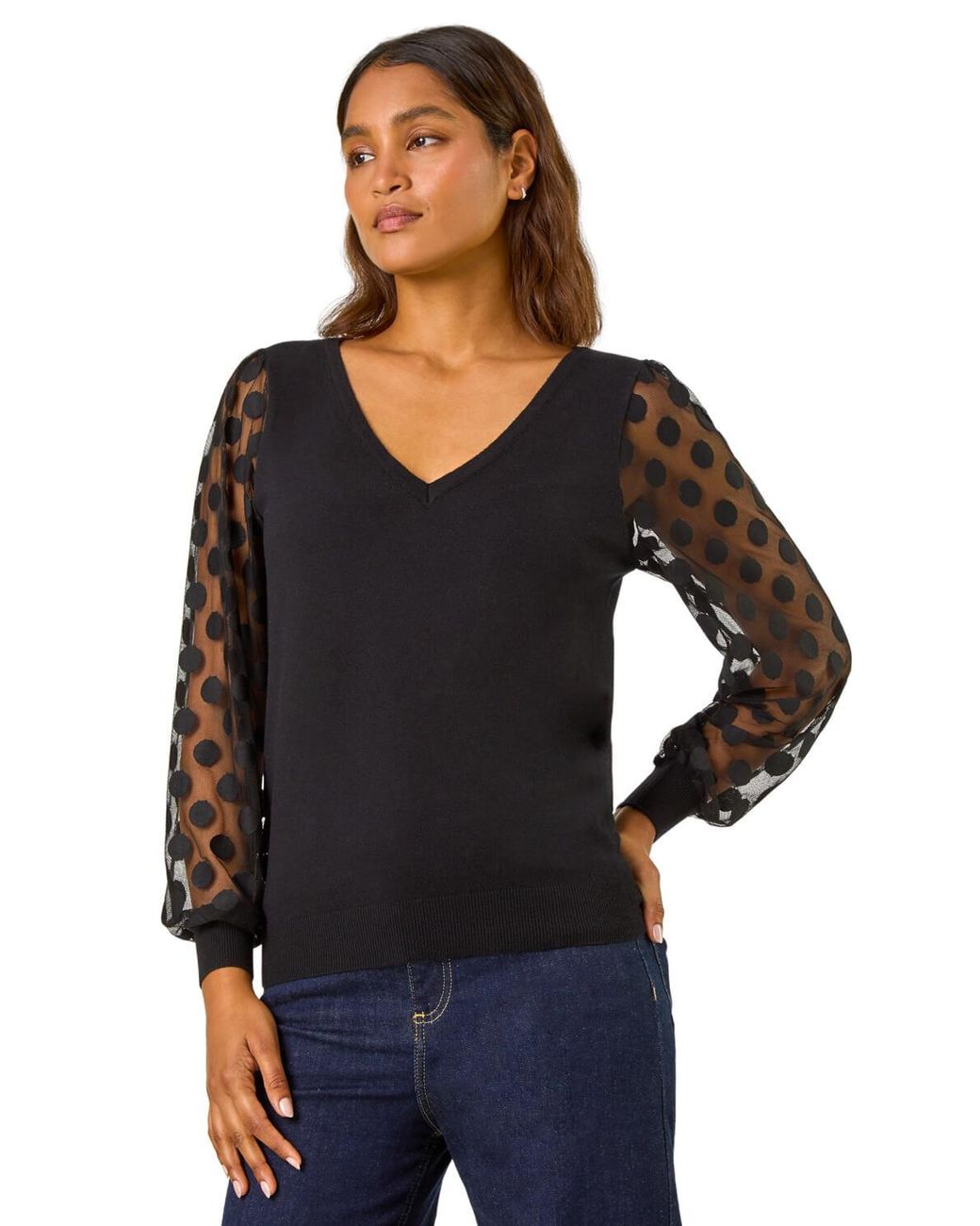 Roman Black Polka Dot V-Neck Sleeve Knit Jumper