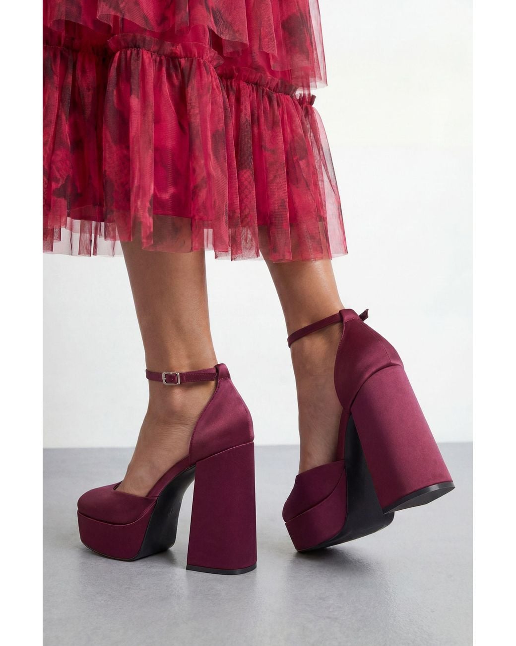Faith Red Cadence Satin Closed Toe Chunky Platform Heeled Shoes
