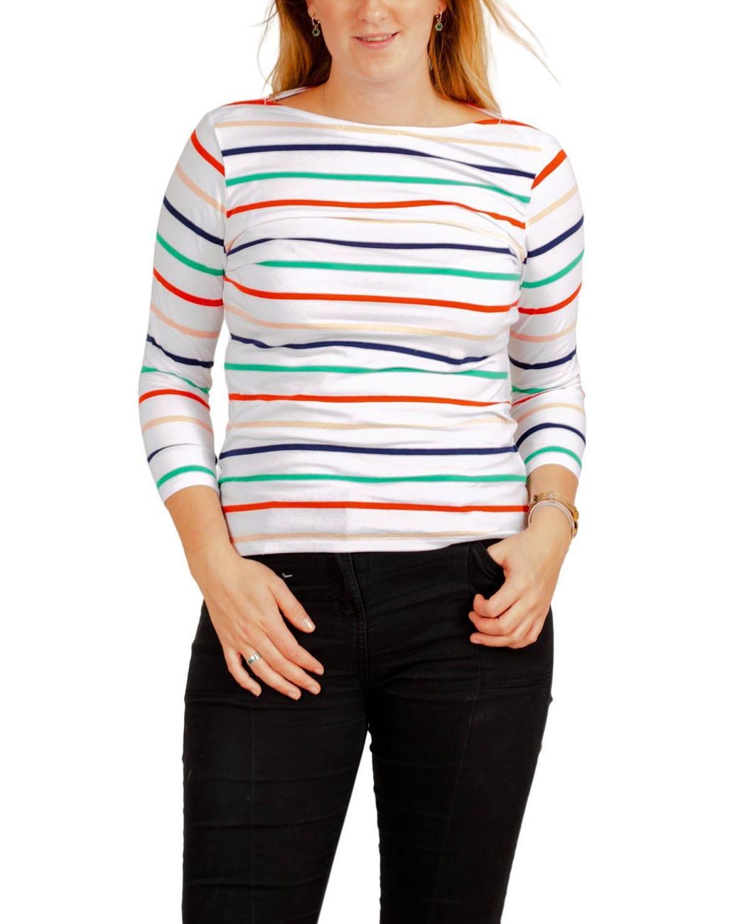 Secret Label Gray Striped Cotton Rich Slash Neck Tops