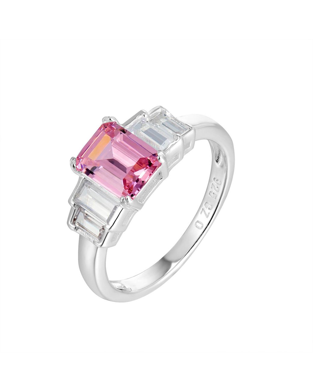 The Jewellery Stockroom Pink Sterling Emerald Cut Engagement Ring With Cz Stones