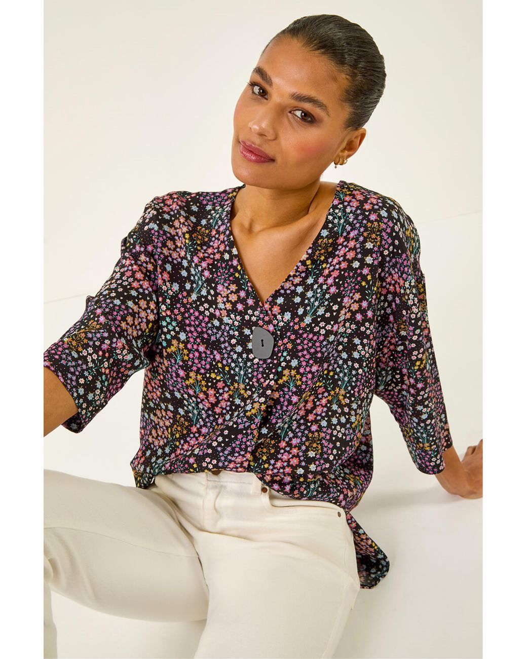 Roman Black Ditsy Floral V-Neck Kimono Top