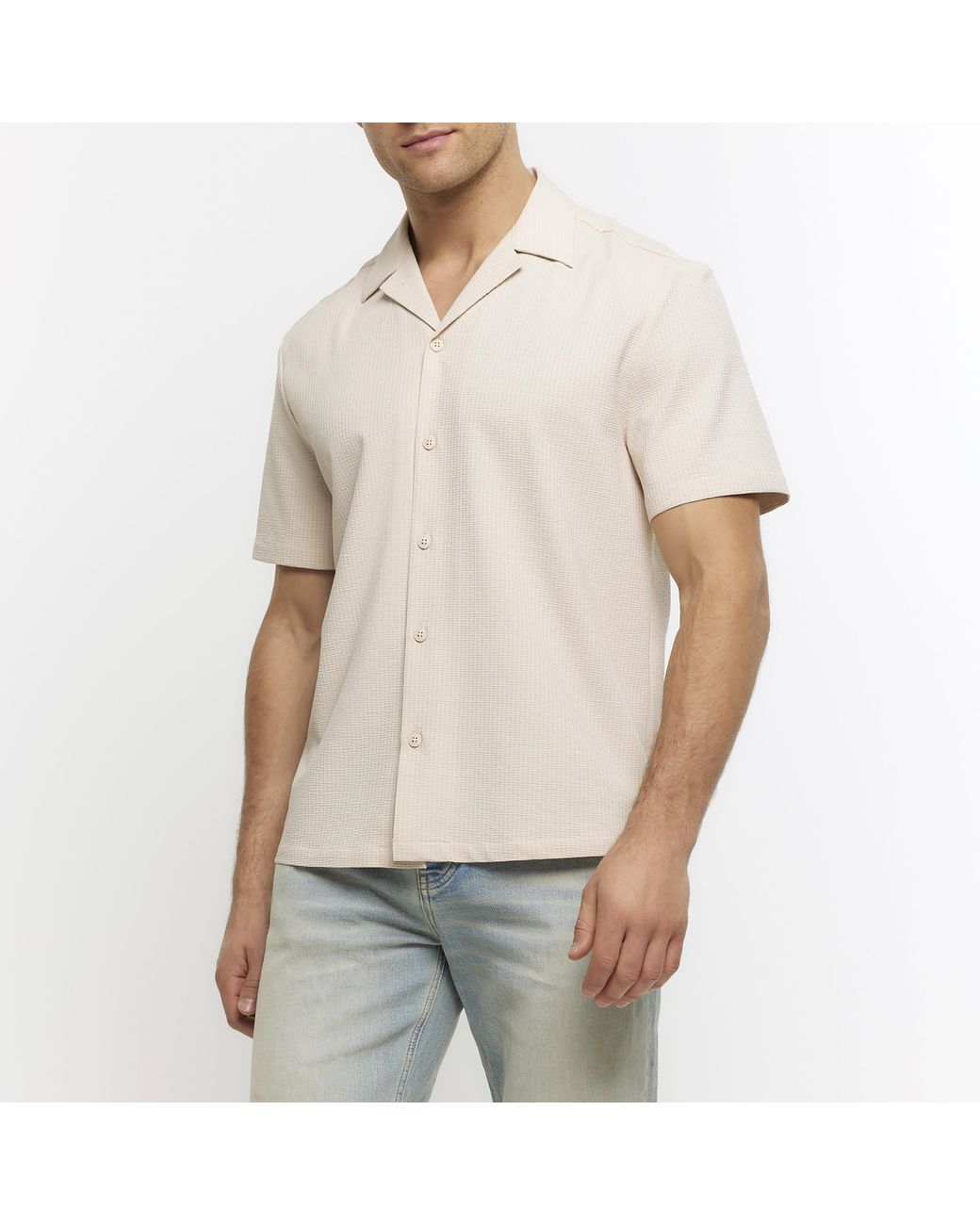 River Island White Shirt Regular Fit Seersucker Revere for men