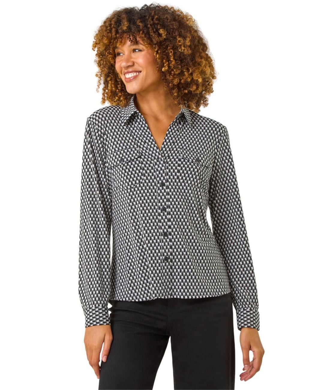 Roman Gray Textured Geo Print Stretch Shirt