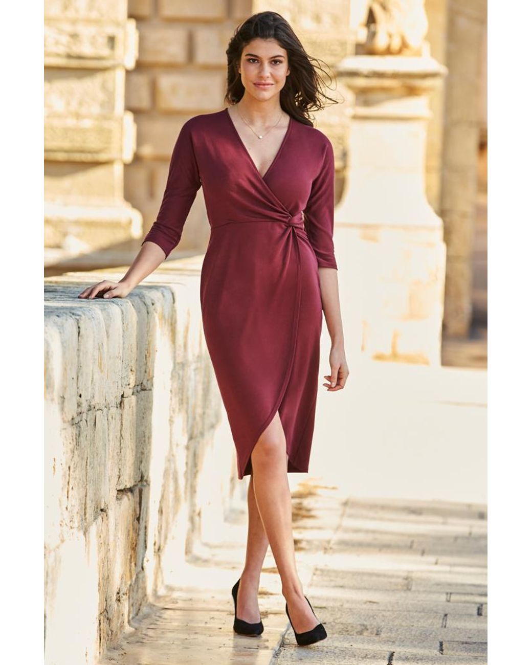 Sosandar Pink Burgundy Twist Front Soft Jersey Dress
