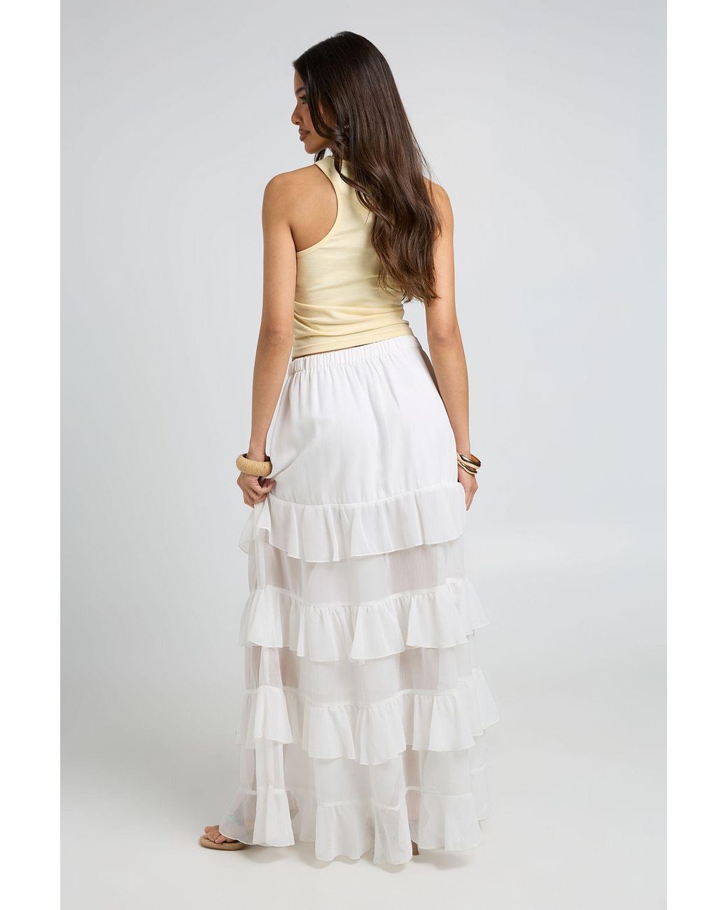 Boohoo White Ruffle Chiffon Tiered Maxi Skirt