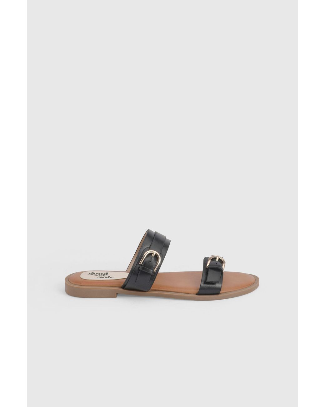 Good for the Sole Black Heidi Faux Leather Double Buckle Comfort Mules