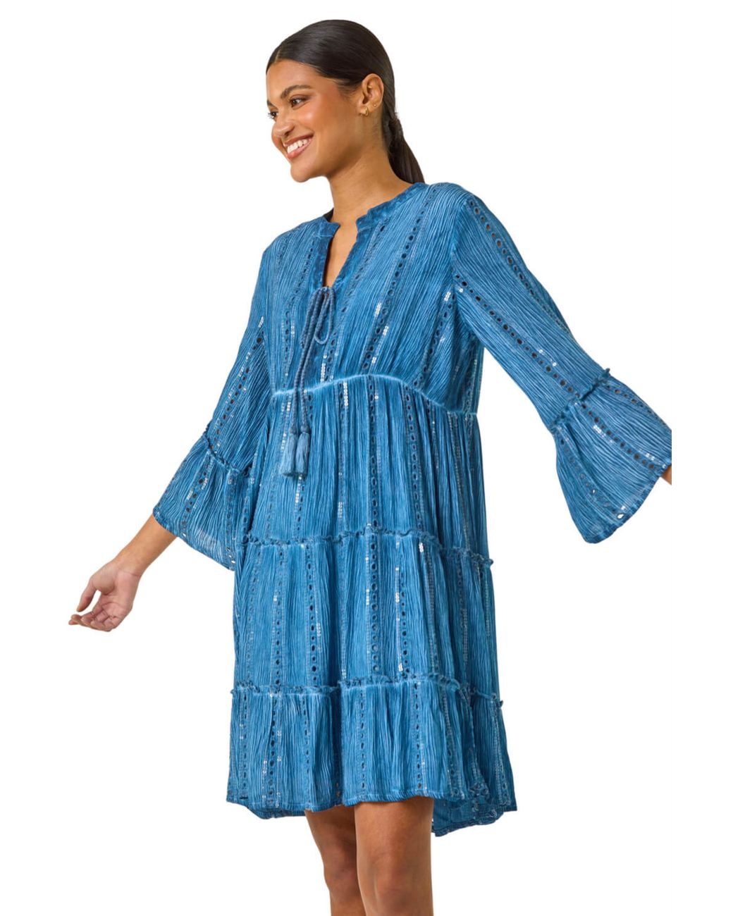 Roman Blue Shimmer Tie Detail Smock Dress