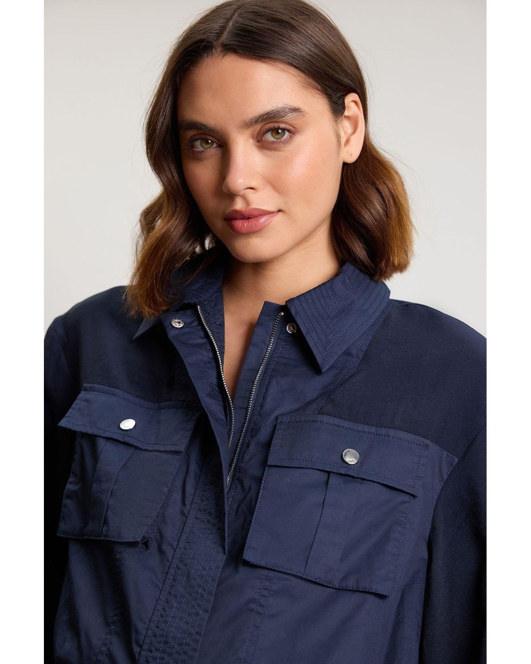 Karen Millen Blue Utility Organdie Cropped Pocket Detail Bomber Jacket