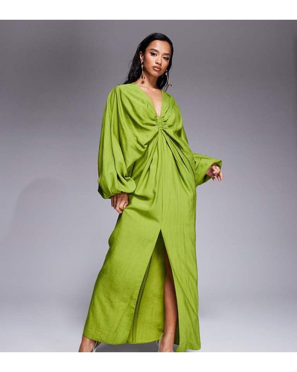 ASOS Green Design Plunge Elasticated Maxi Dress With Blouson Sleeve