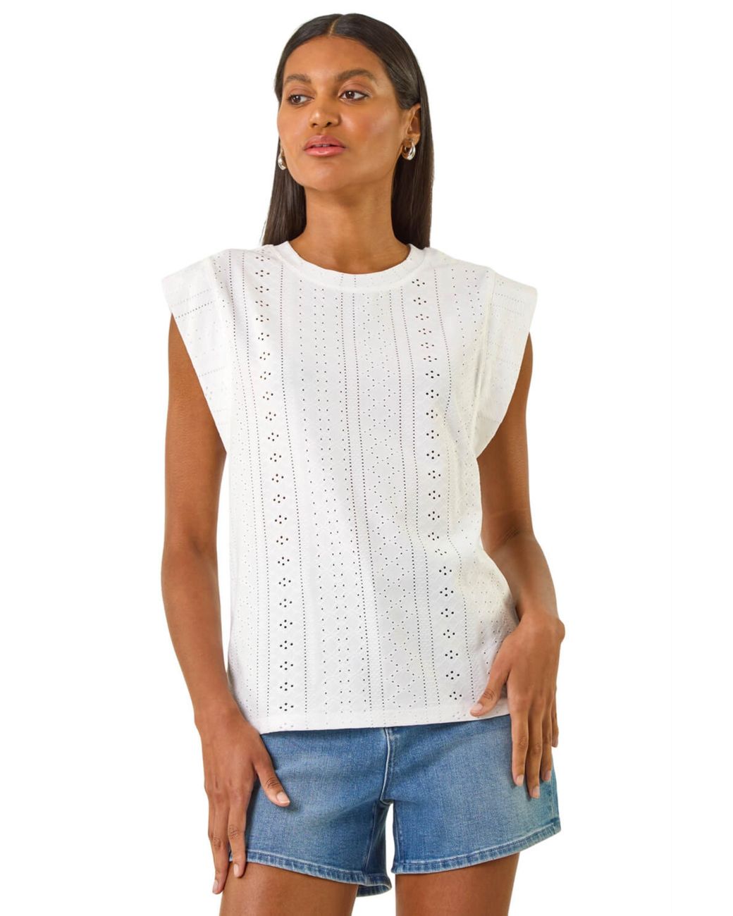 Roman White Broderie Cap Sleeve Stretch Top