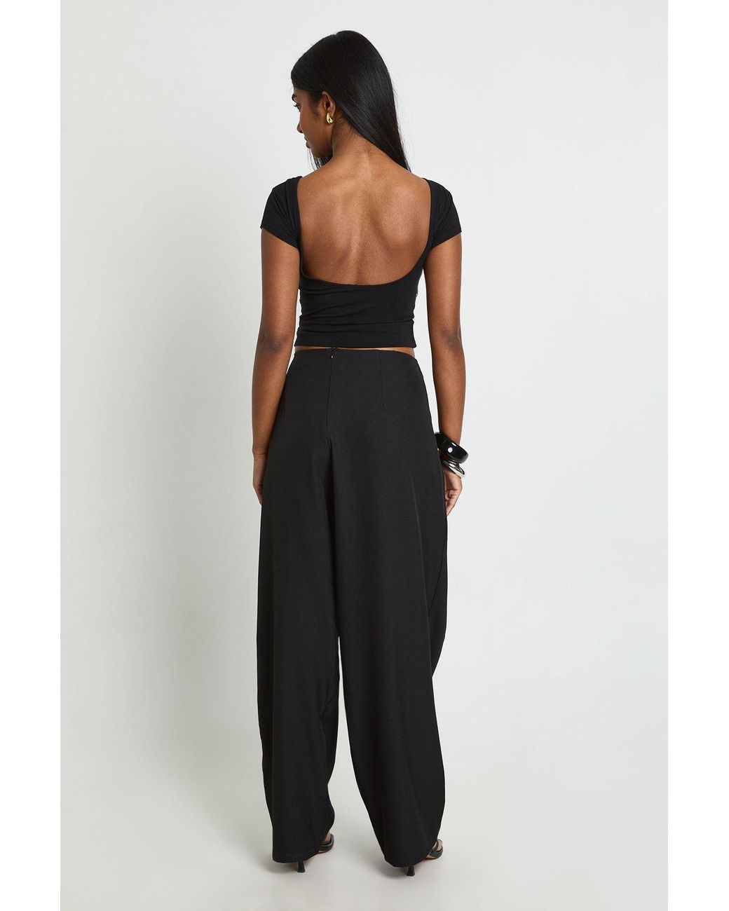 Boohoo Black Drape Tie Detail Wide Leg Tailored Trousers