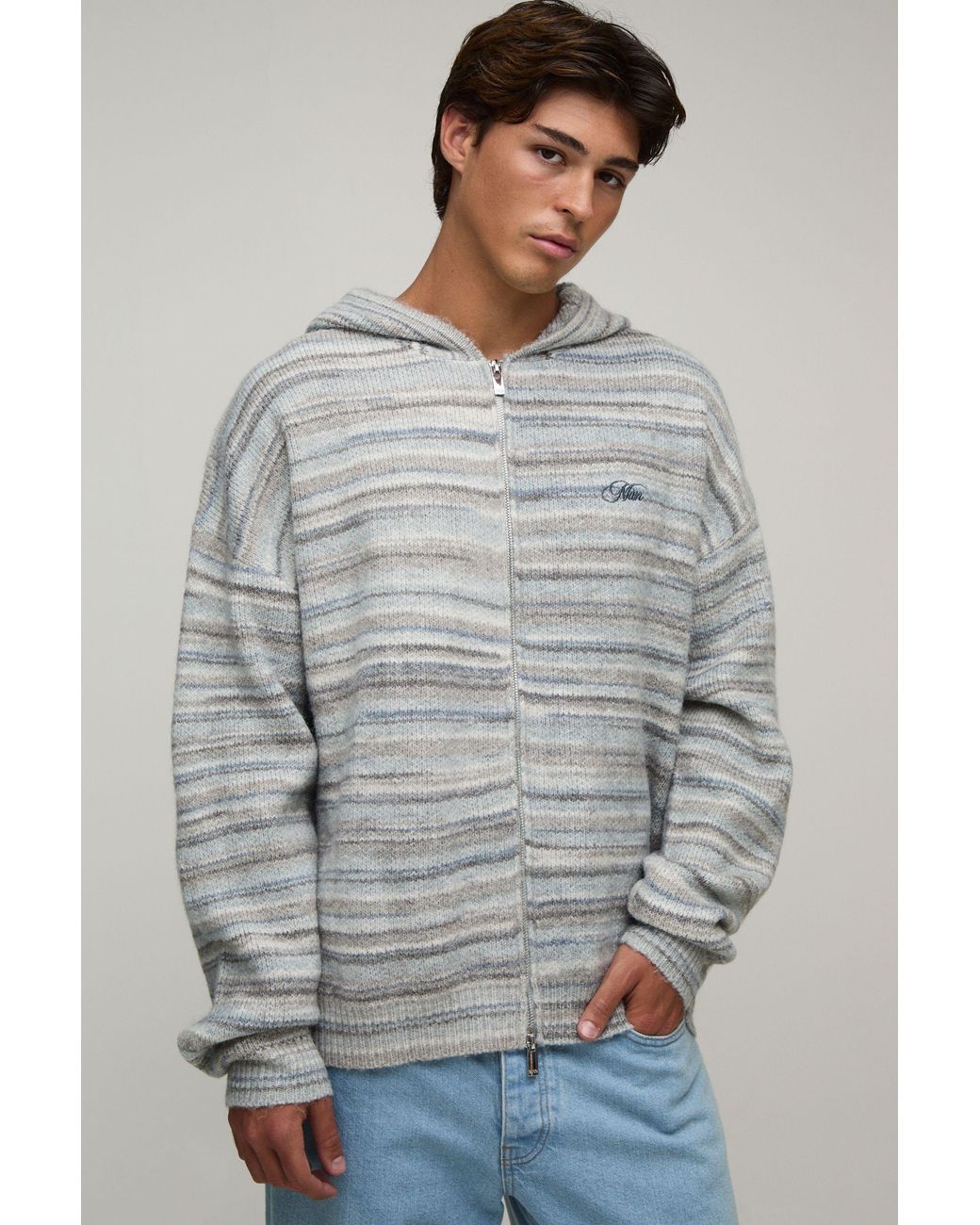 BoohooMAN Gray Relaxed Ombre Zip Thru Knitted Hoodie for men