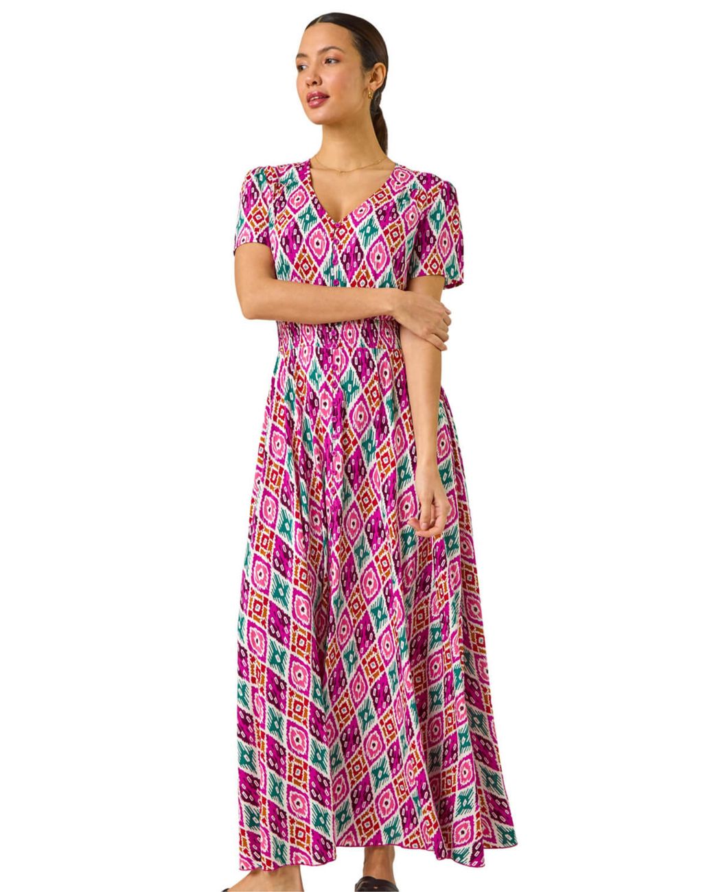 Roman Purple Ikat Print Button Through Maxi Dress