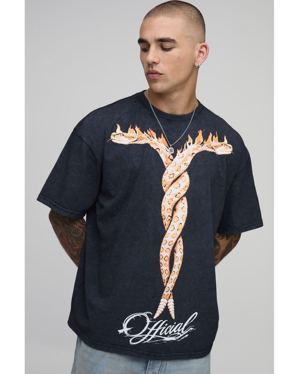 BoohooMAN Blue Acid Oversized Snake Flame Print T-Shirt Cotton for men