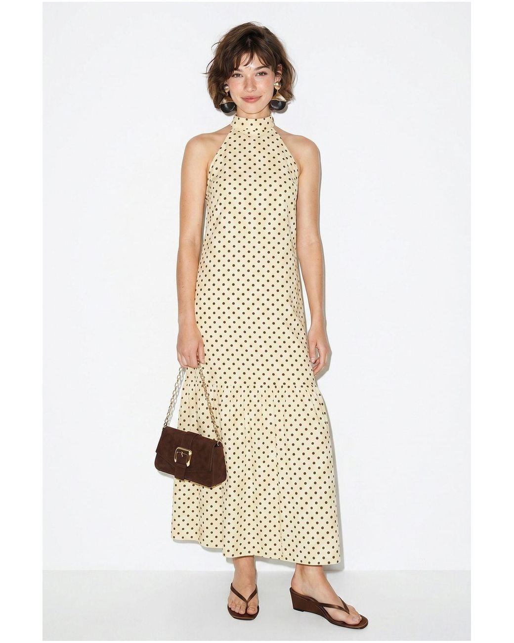 Bianco Lucci Natural Halter Polka Dot A-Line Maxi Dress