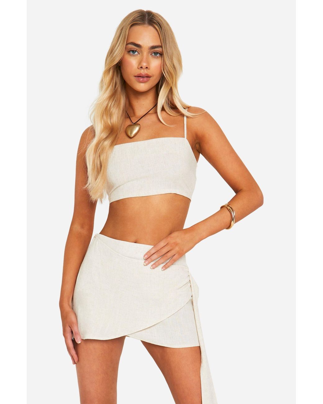 Boohoo White Wrap Linen Look Mini Skirt