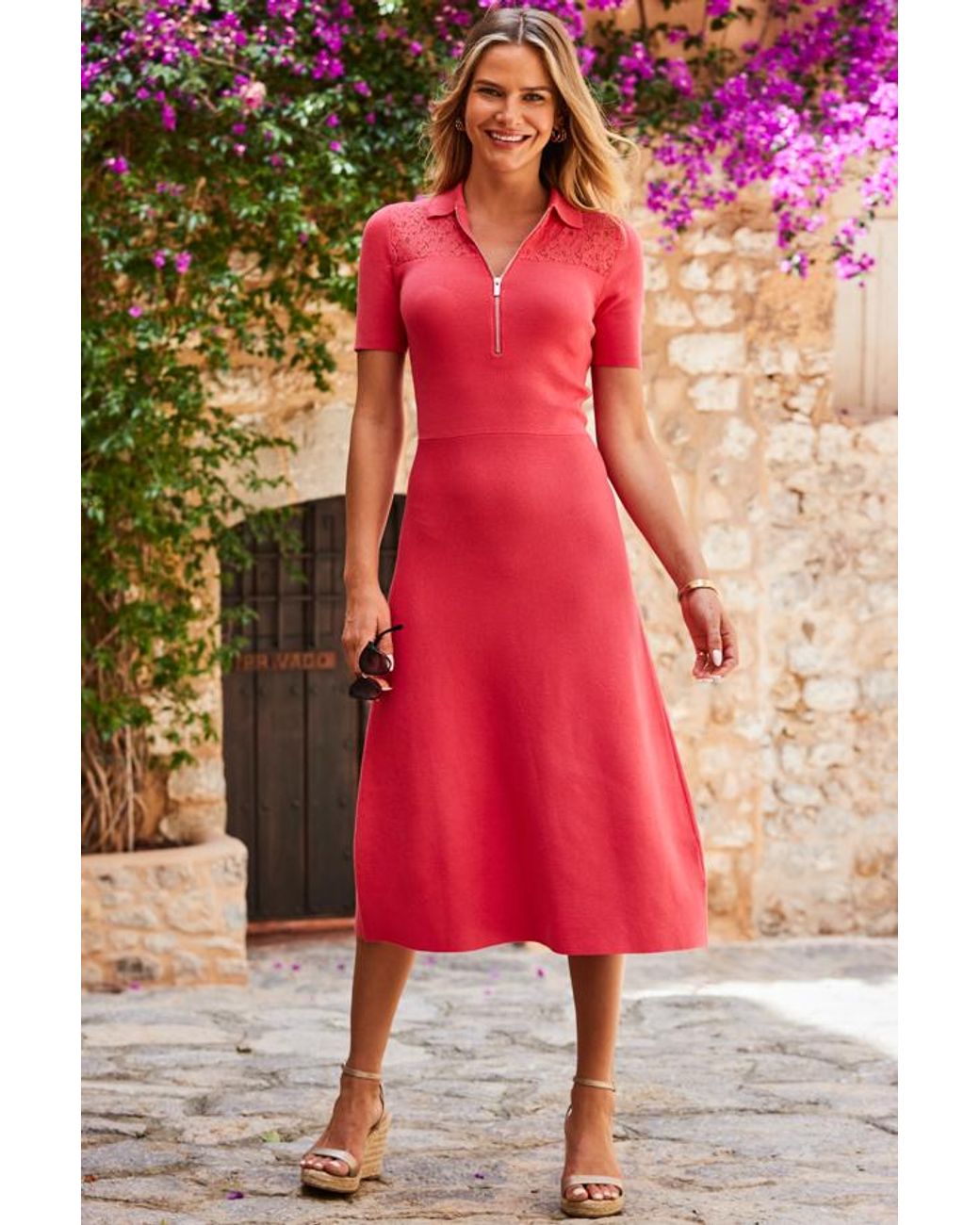 Sosandar Red Knit Fit & Flare Dress With Lace Detail