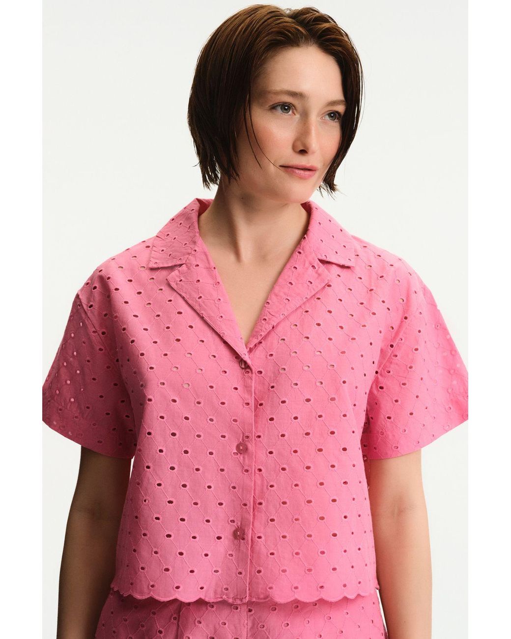 Penti Pink Cotton Dobby Eyelet Short-Sleeve Blouse