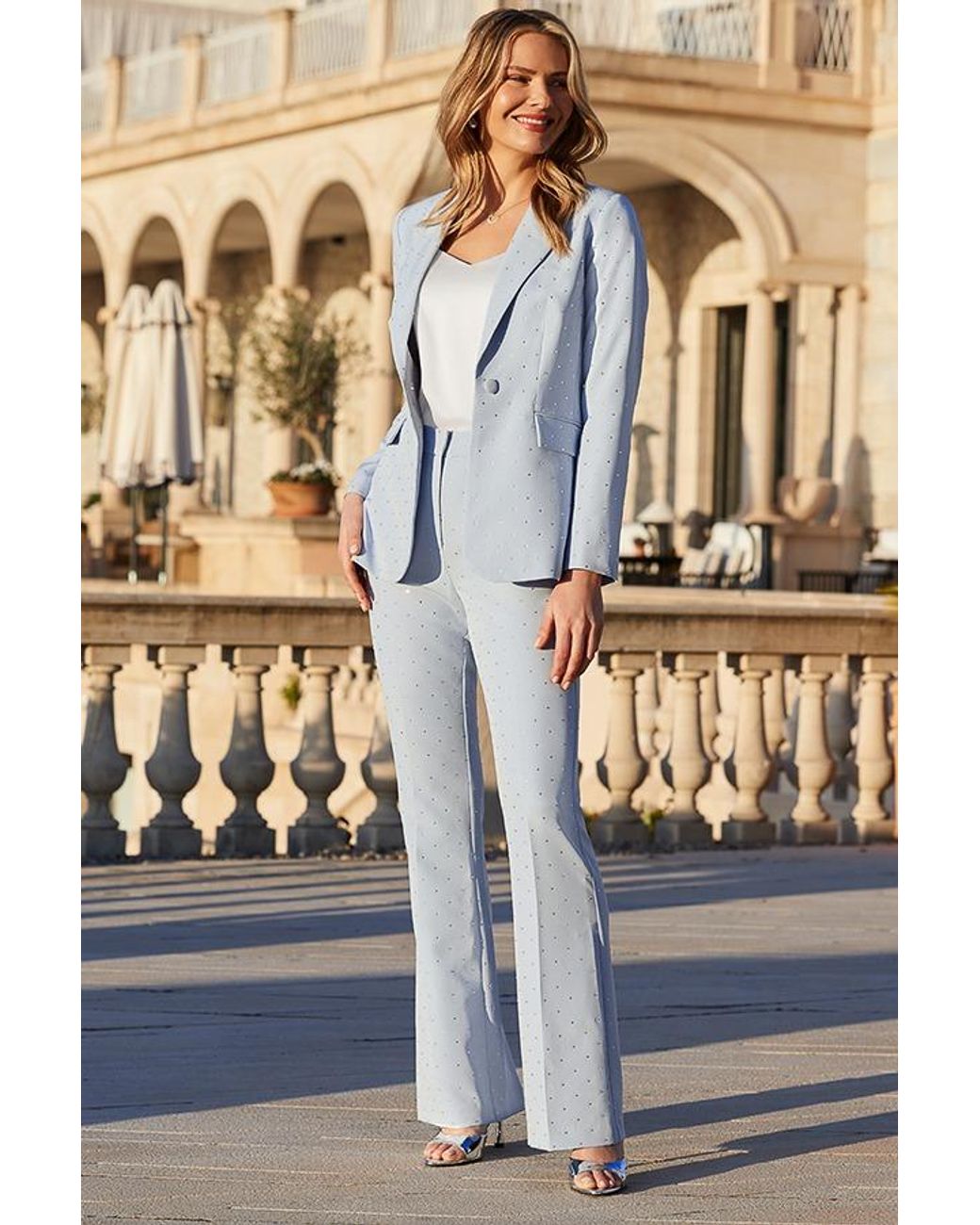 Sosandar Gray Sky Sparkling Embellished Flared Trousers
