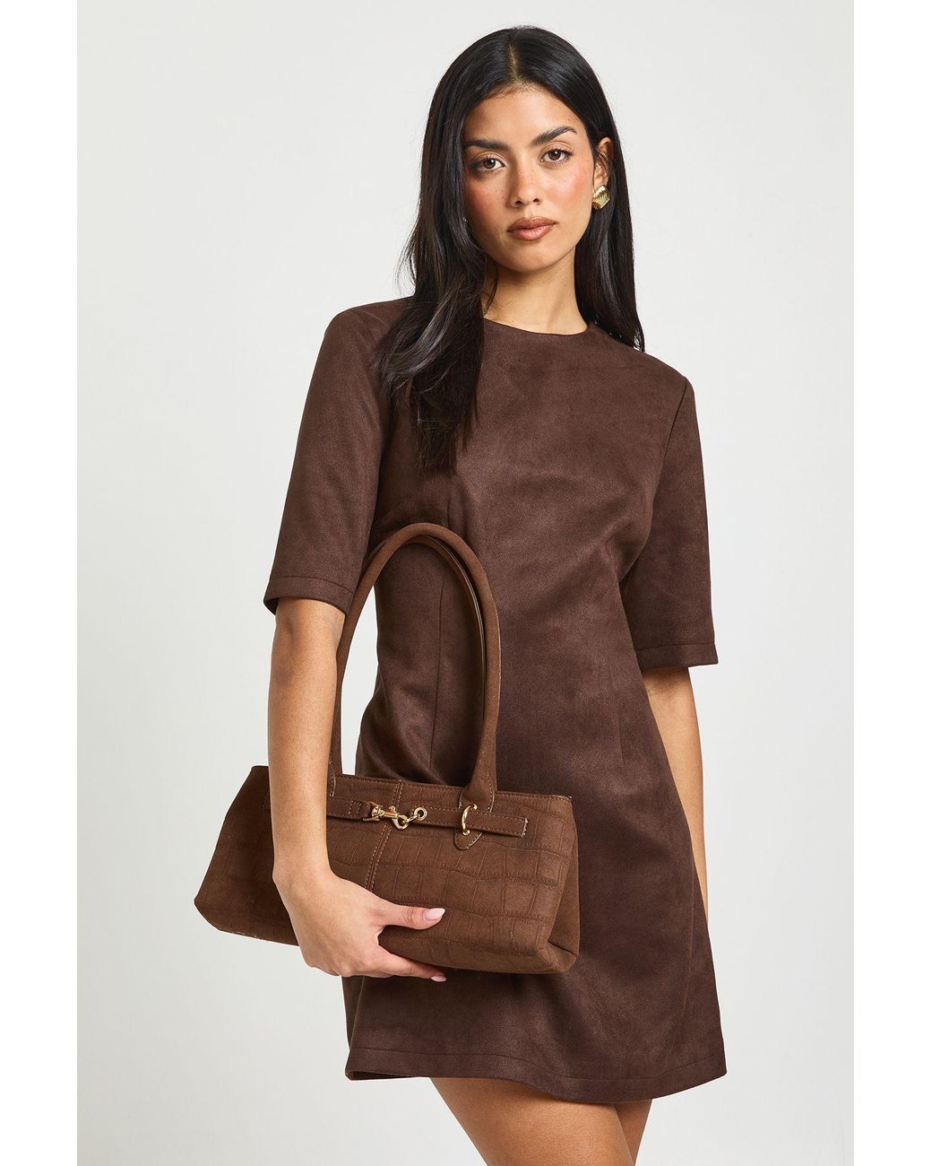 Boohoo Brown Faux Suede Boxy Tshirt Dress