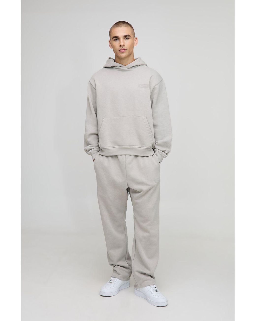 BoohooMAN Gray Oversized Boxy Hooded Drop Crotch Tracksuit for men