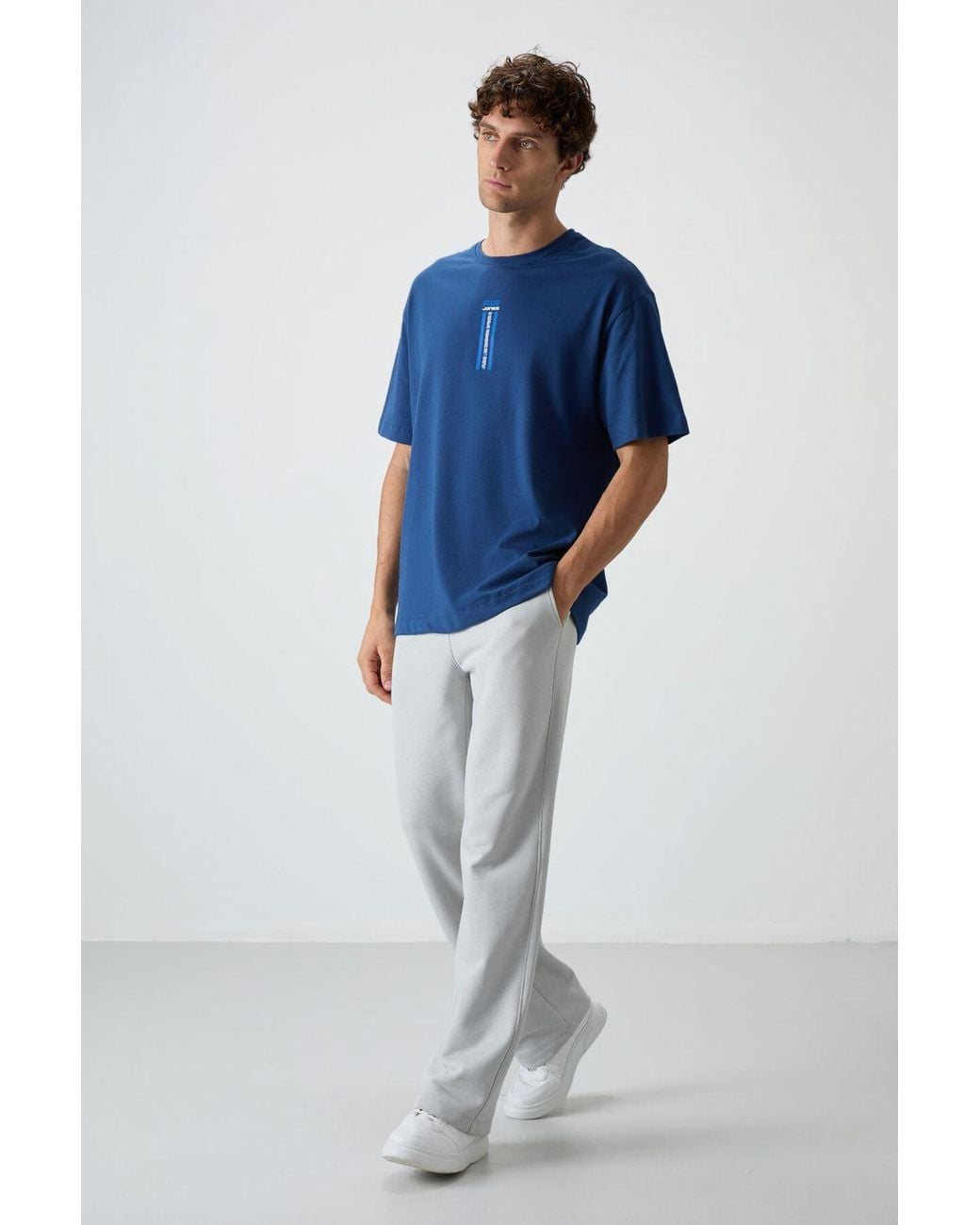 TOMMY LIFE Blue Oversized Printed Crew Neck T-Shirt for men