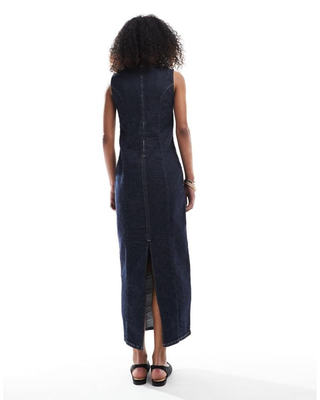 ASOS Blue Cinched Waist Denim Maxi Dress With Front Slit