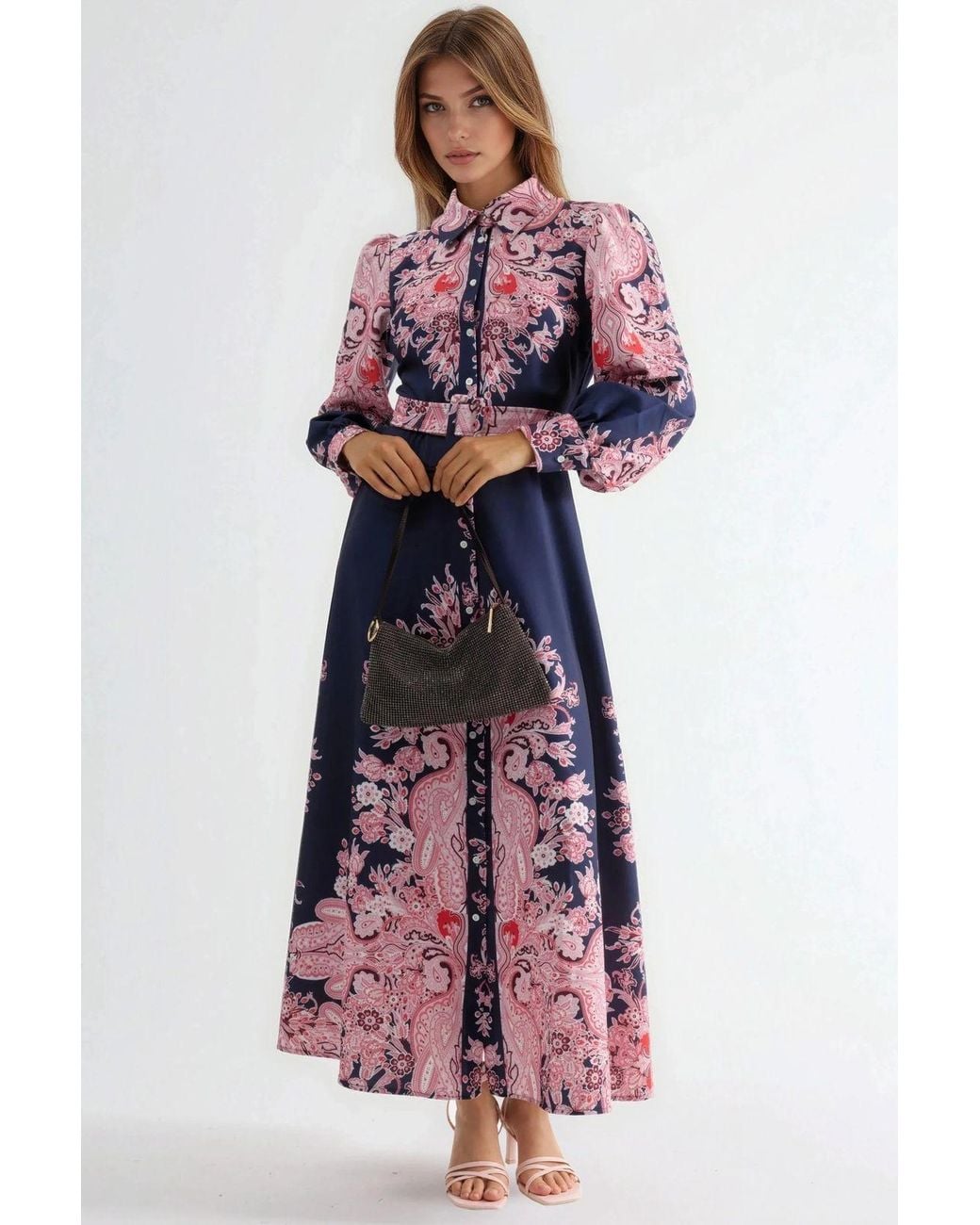 Msn-Collection Red Belted Maxi Dress With Paisley Print