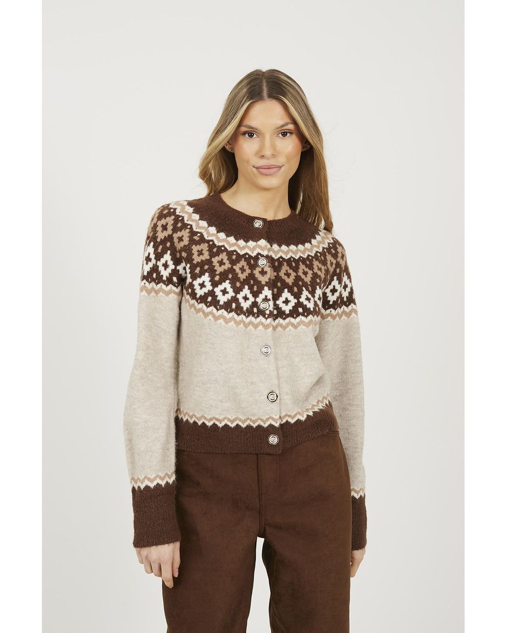 Brave Soul Natural Crew Neck Fairisle Knit Cardigan