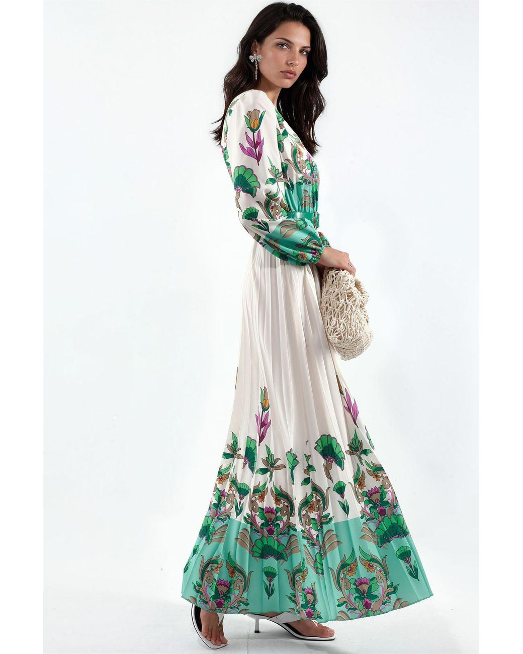 Msn-Collection Green Floral Midi Dress With Belt