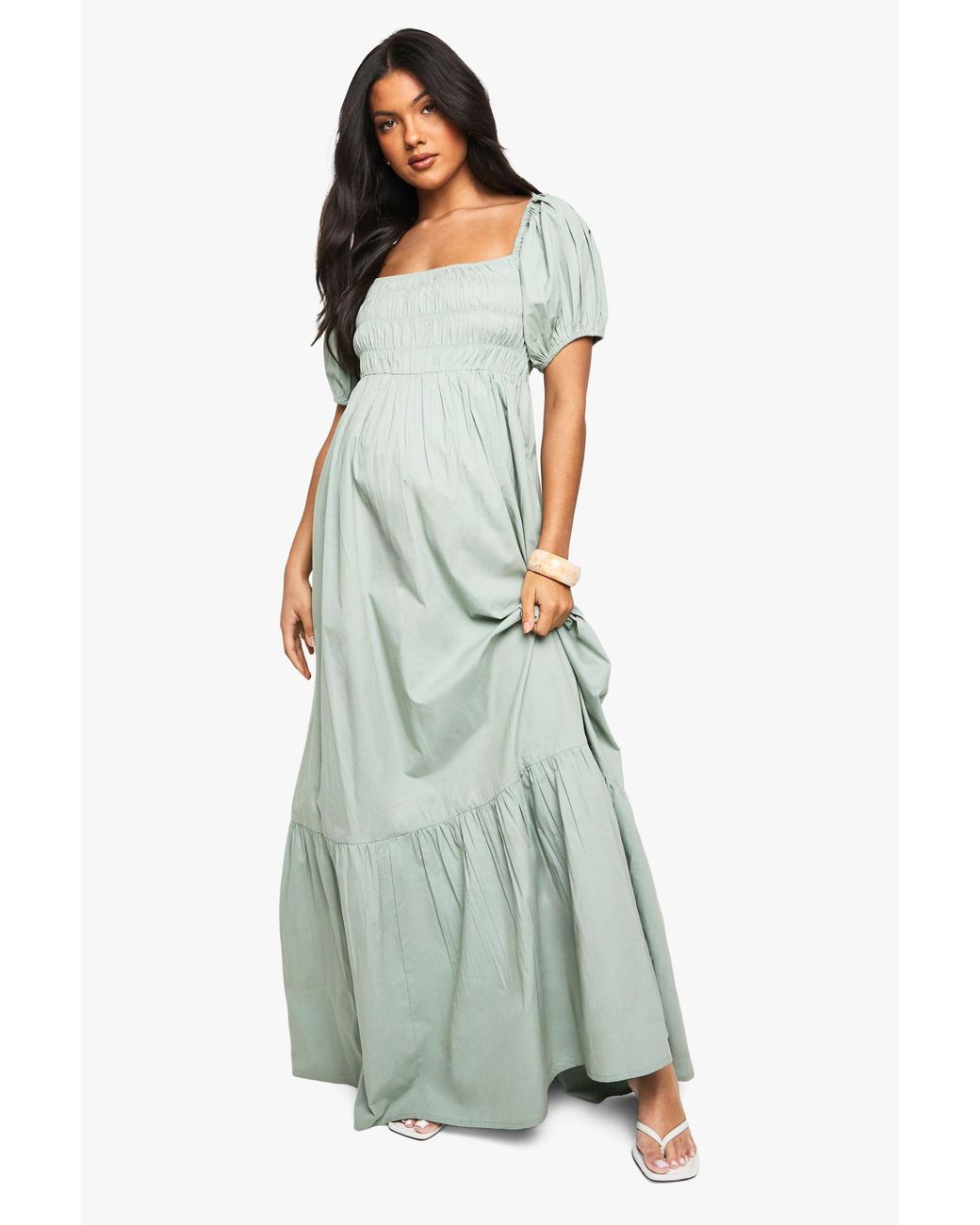 Boohoo White Maternity Cotton Poplin Puff Sleeve Maxi Dress