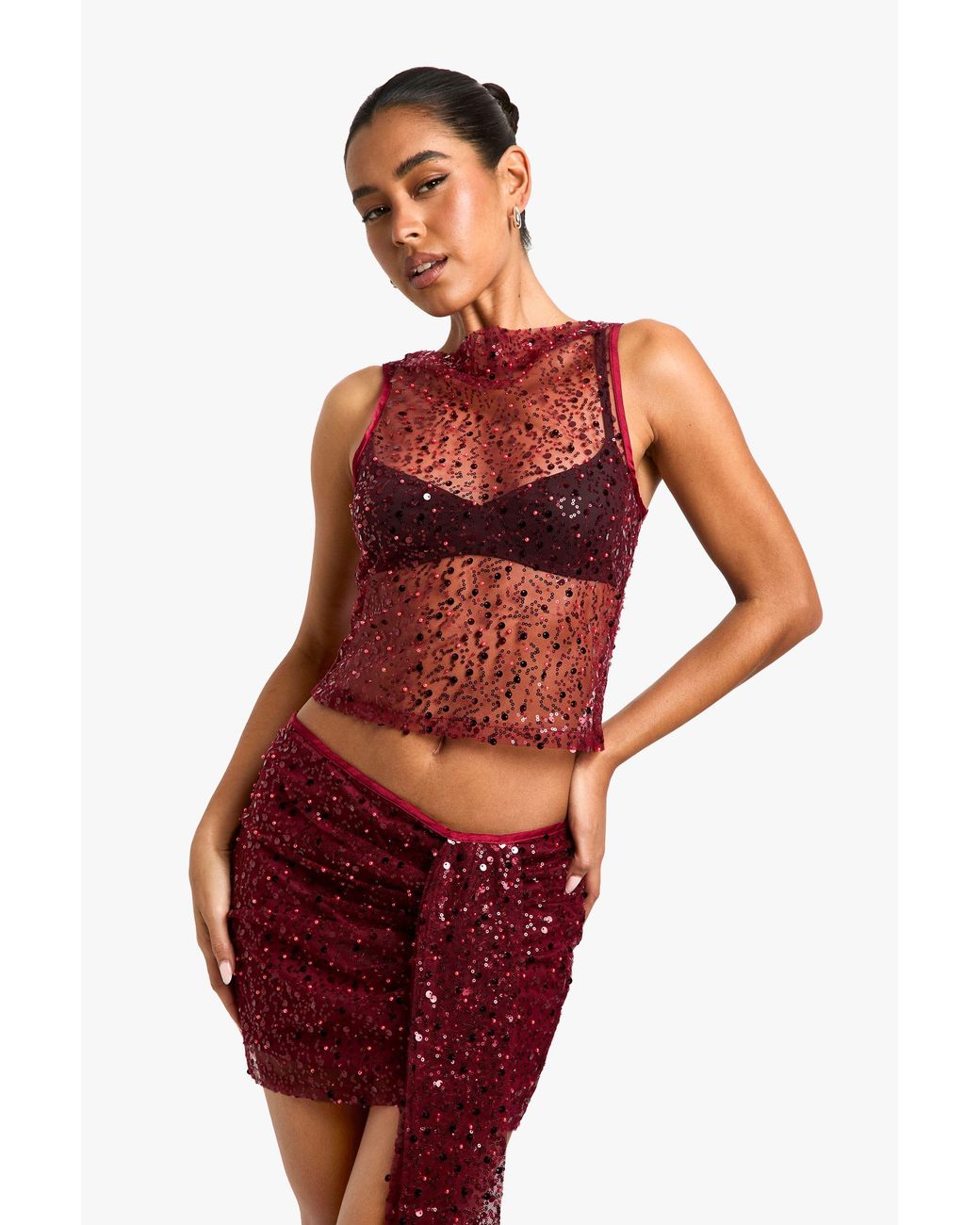 Boohoo Red Sequin Sheer Racer Vest