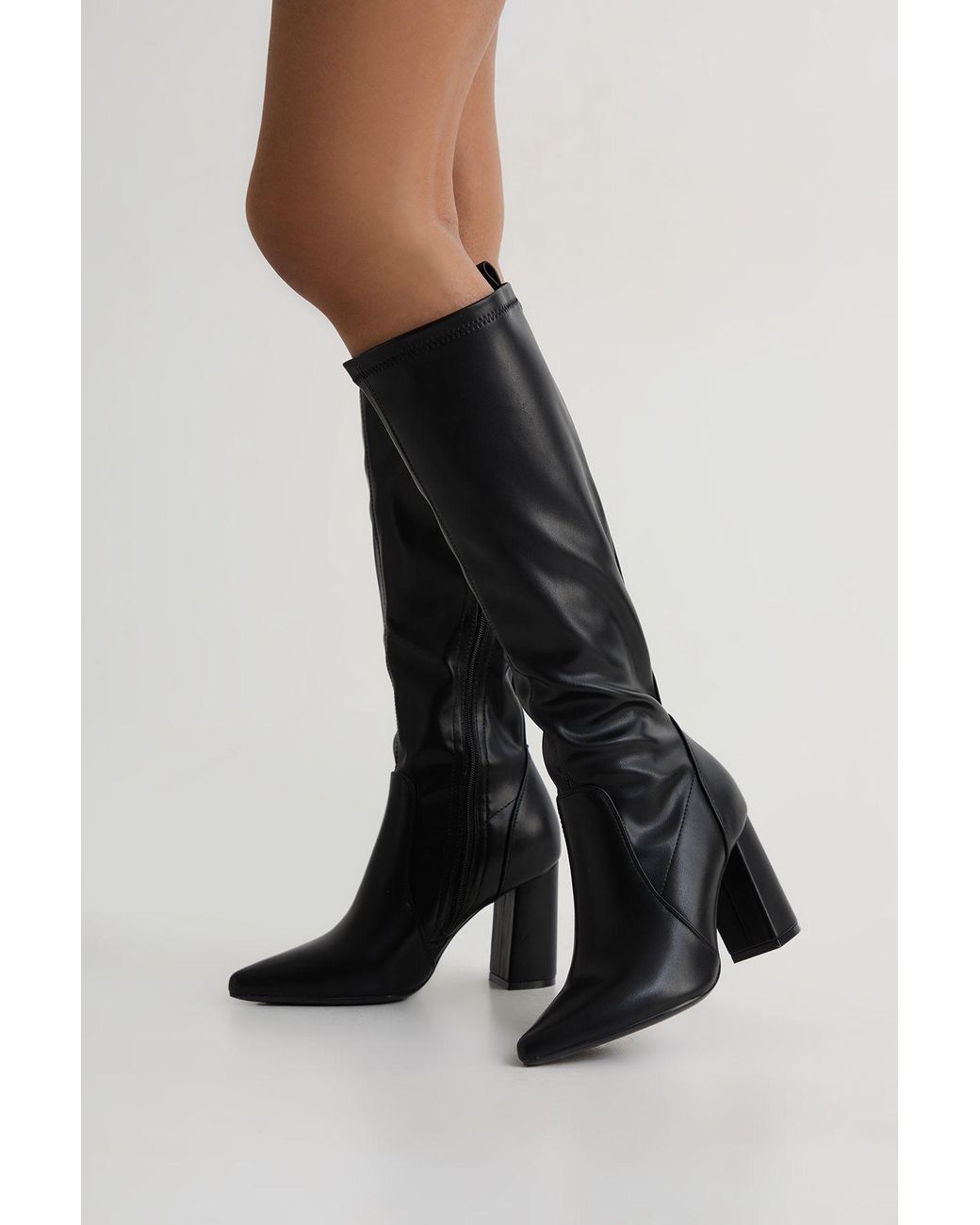 Boohoo Black Block Heel Pointed Knee High Boots