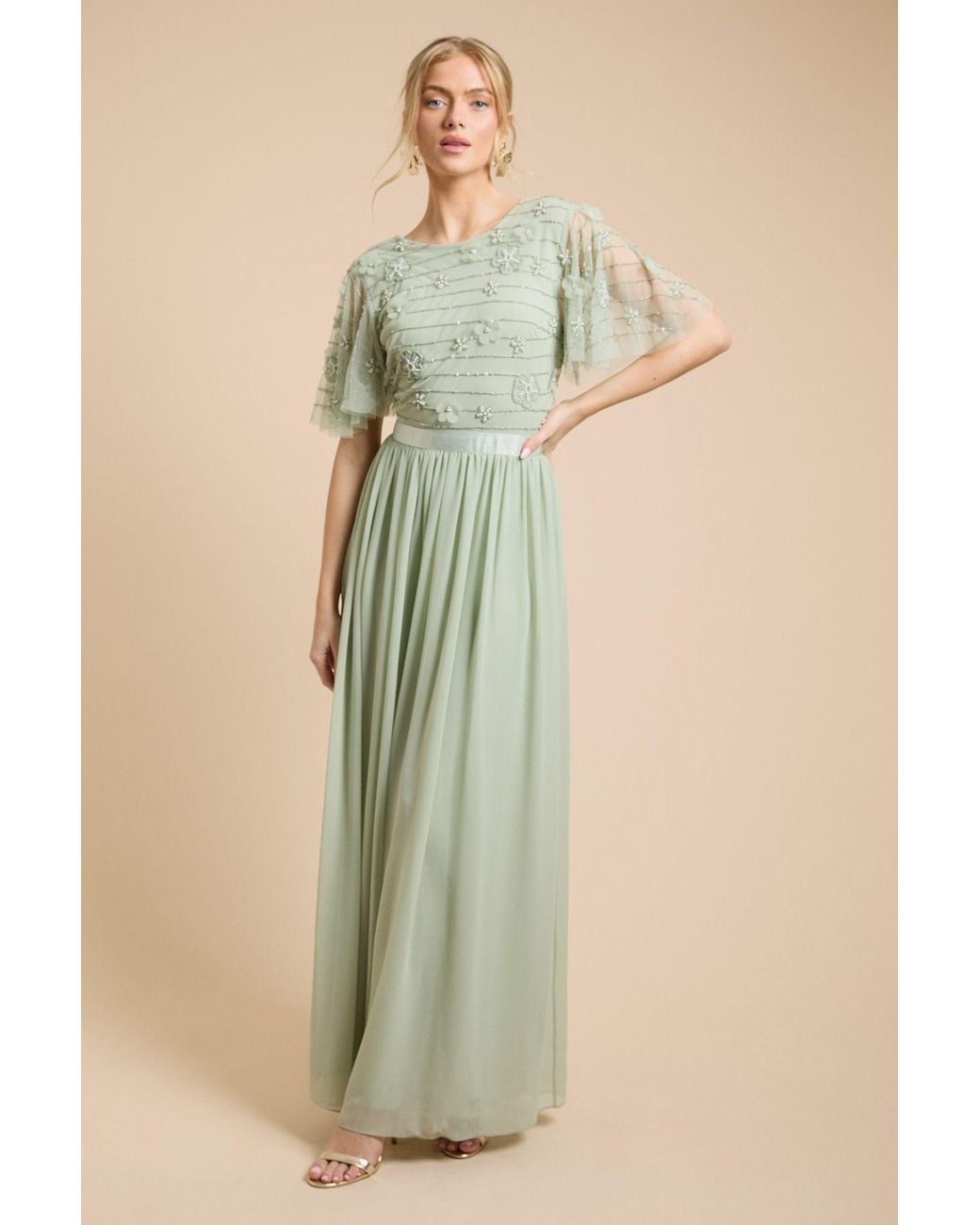 Oasis Natural Floral Embellished Mesh Angel Sleeve Maxi Dress