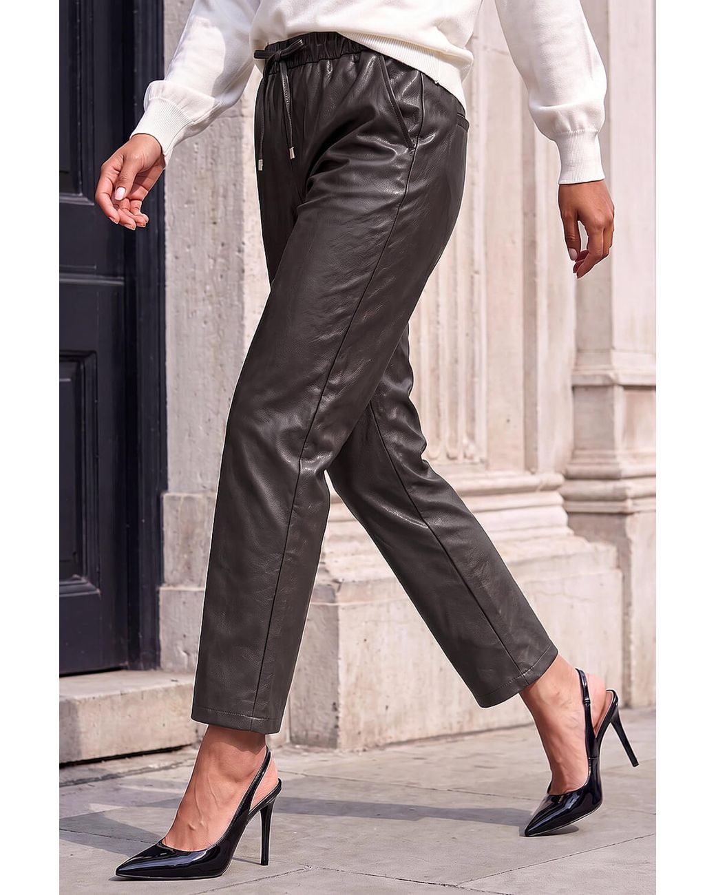 Roman Brown Petite Faux Leather Textured Drawstring Trouser
