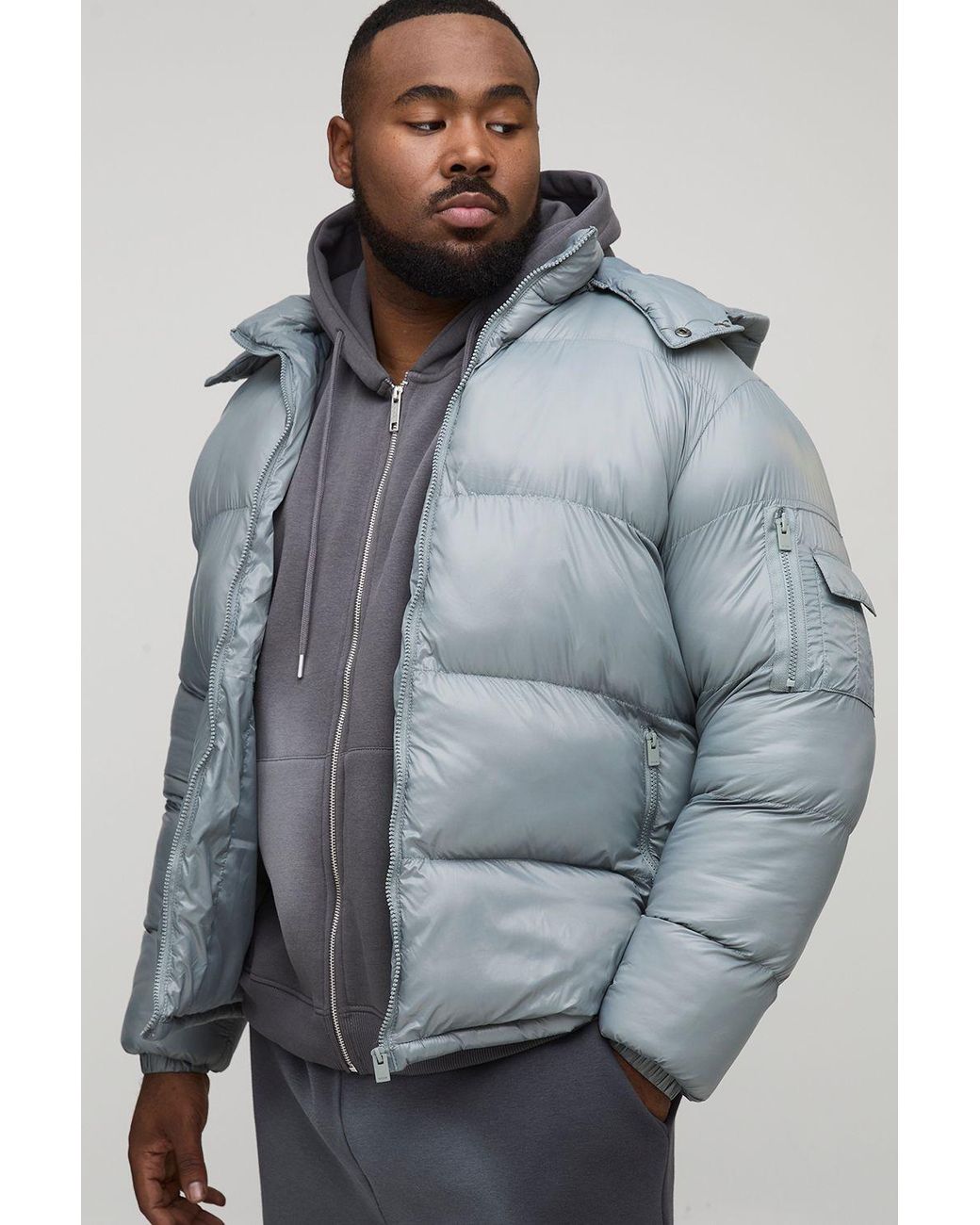 BoohooMAN Gray Plus High Shine Regular Fit Hooded Puffer for men